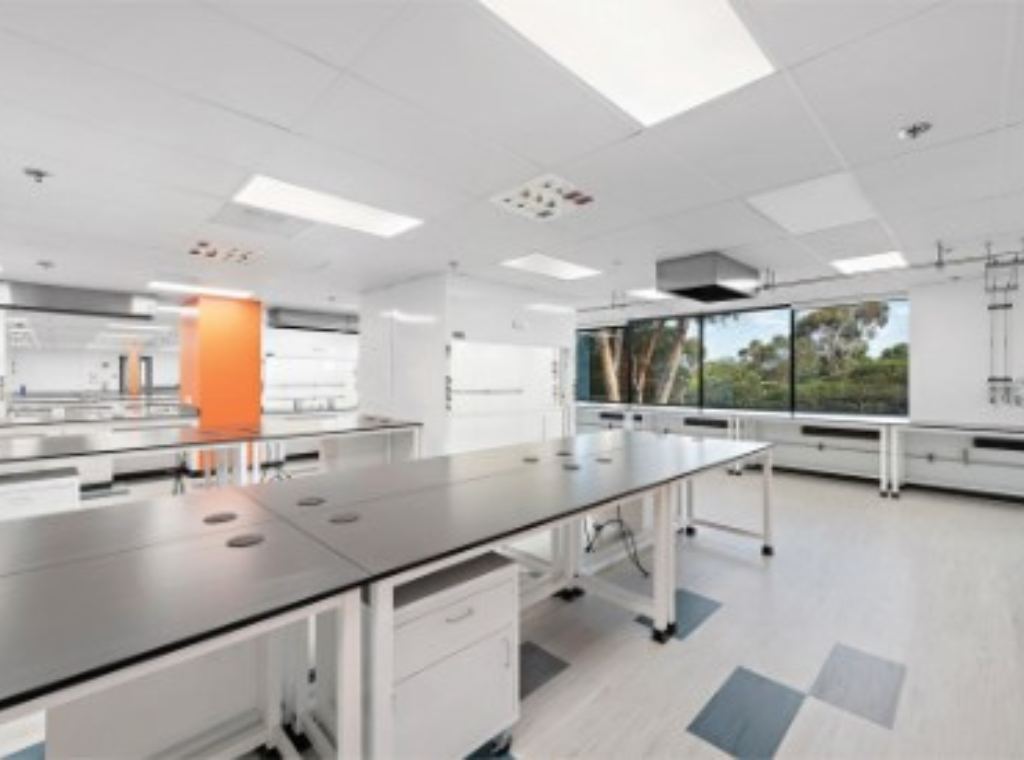 Metal benches in laboratory setting