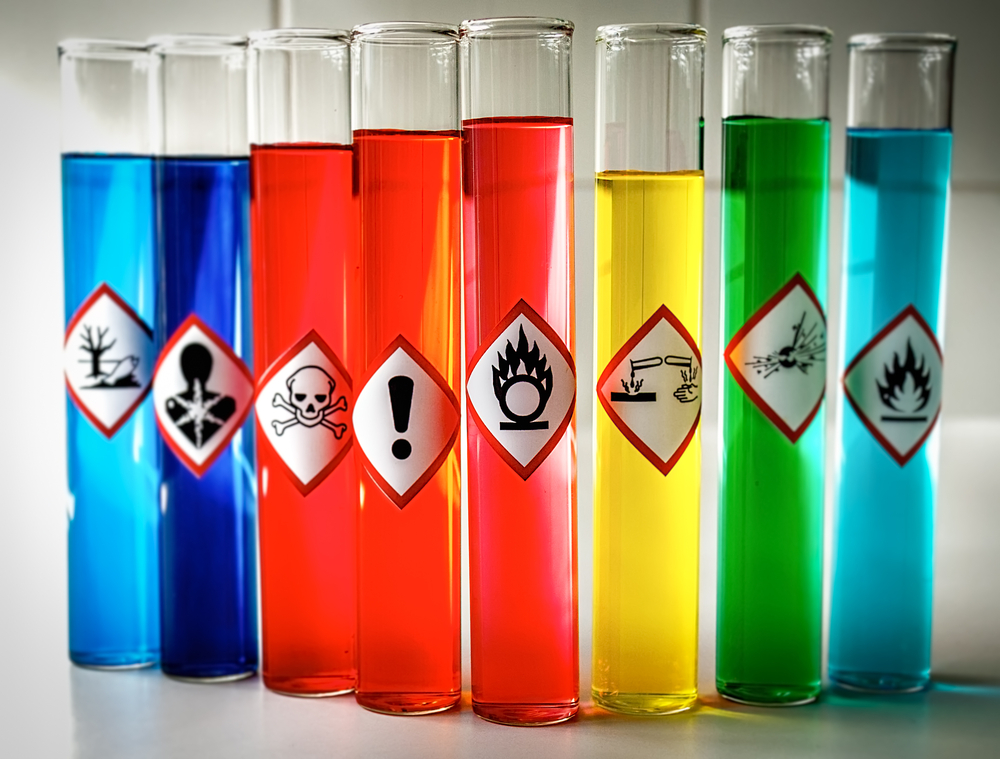 Hazardous chemicals for storage in chemistry lab cabinets
