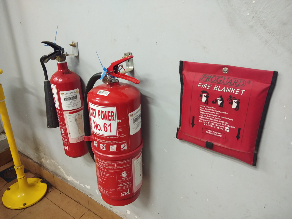 Fire extinguishers and fire blanket