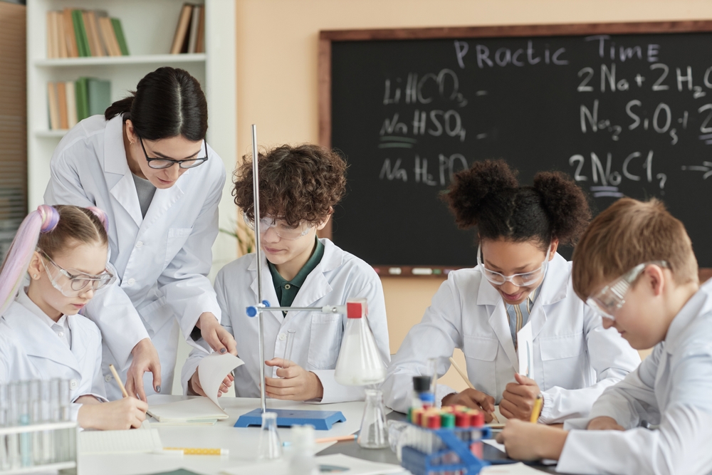 Group of biology students at lab table