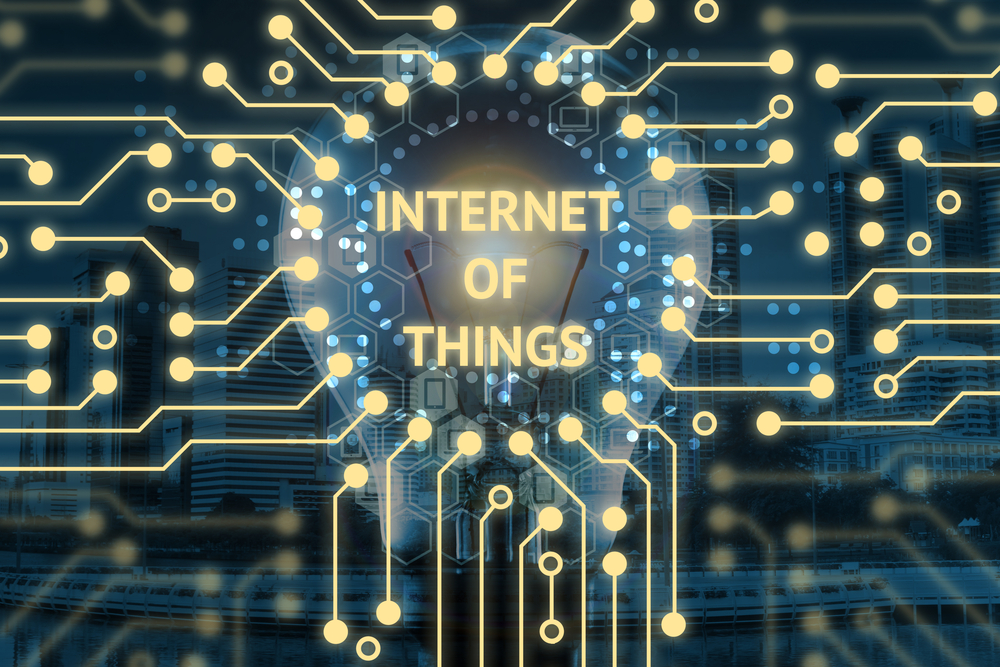 Internet of things IoT Light bulb and Electric circuits graphic