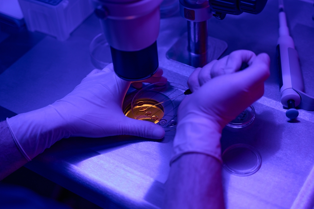 Male laborant doing biopsy to embryos in cell culture dish 