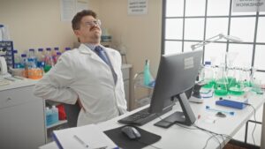 Ergonomic lab seating_Researcher experiencing back pain while a science lab