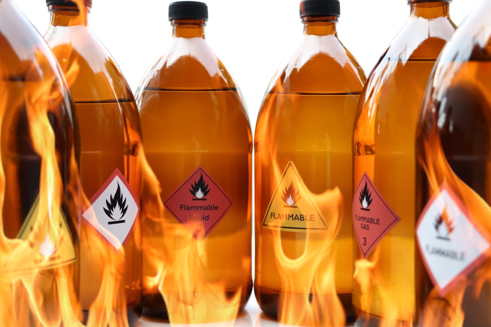 Flammable liquid symbol on the chemical bottle 