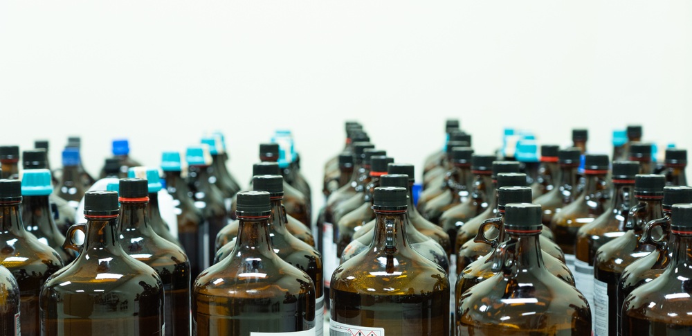 Group of bottles containing hazardous chemicals