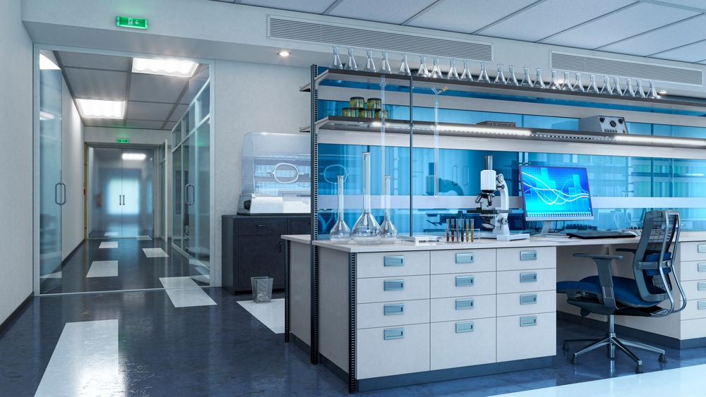 Light pharmaceutical research lab interior with equipment. 3d illustration
