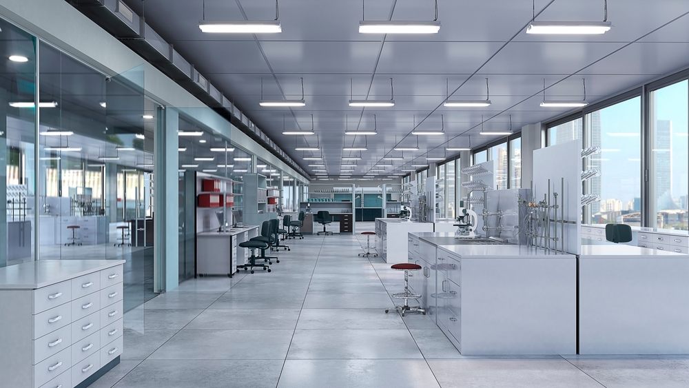 Pharmaceutical Laboratory interior with lab equipment. 3d illustration