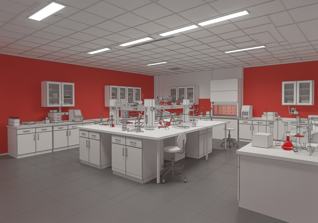 Empty lab with recycled and upcycled cabinets, tables, a chemical fume hood AI created image