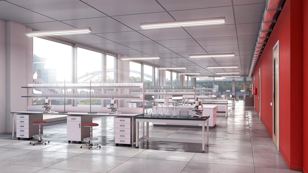 Laboratory interior with recycled and upcycled lab furniture. 3d illustration